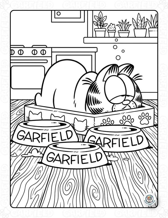 Sleeping Garfield in the Kitchen Coloring Page