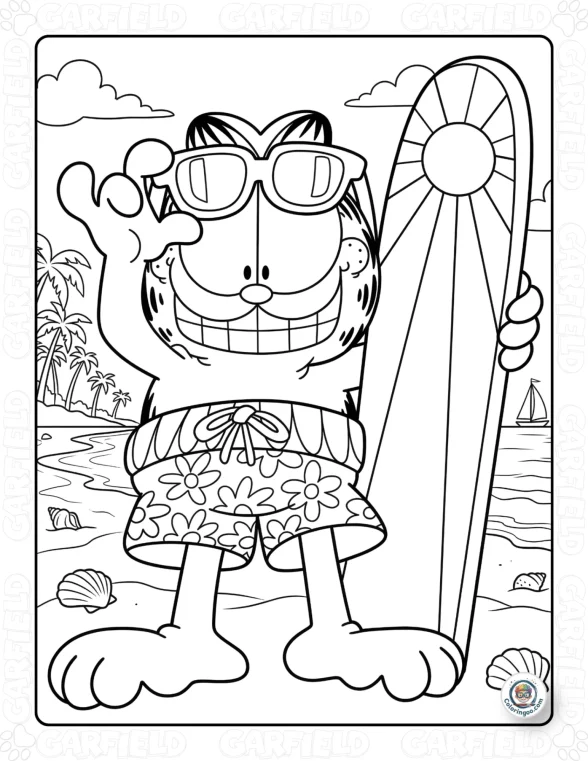 Surfer Garfield on the Beach Coloring Page