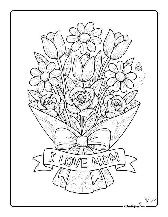 I Love Mom with Flowers Coloring Page