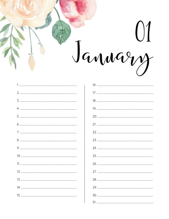 Printable Birthday Calendar 01 January