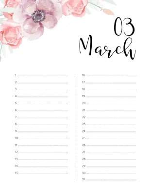 Printable Birthday Calendar 03 March