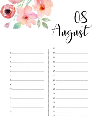 Printable Birthday Calendar 08 August