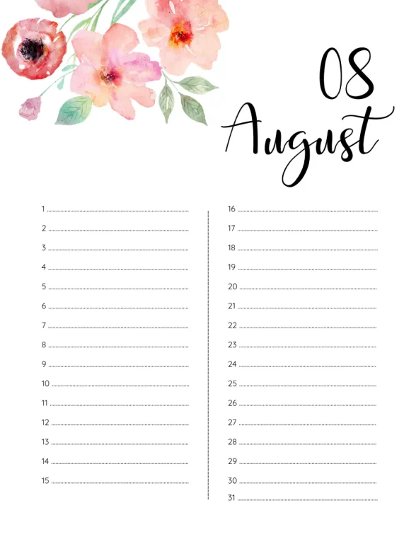 Printable Birthday Calendar 08 August 1 Printable Birthday Calendar 08 August