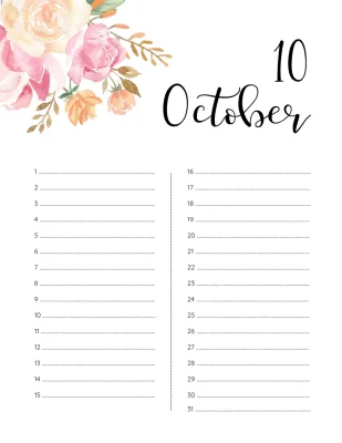 Printable Birthday Calendar 10 October