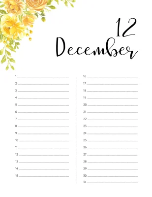 Printable Birthday Calendar 12 December
