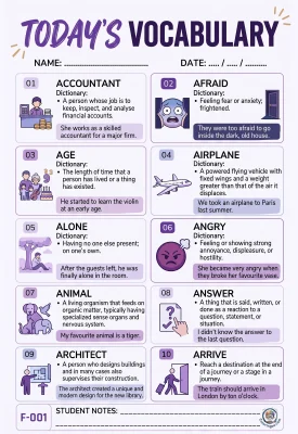 Todays English Vocabulary Worksheet 001