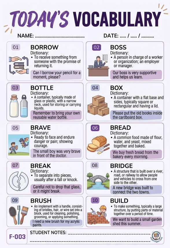 Todays English Vocabulary Worksheet 003