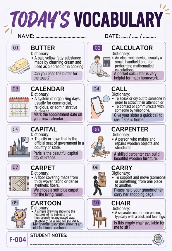Todays English Vocabulary Worksheet 004