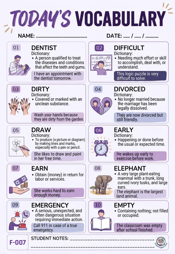 Todays English Vocabulary Worksheet 007