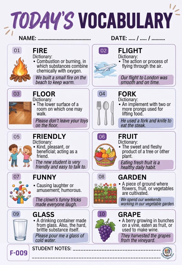 Todays English Vocabulary Worksheet 009