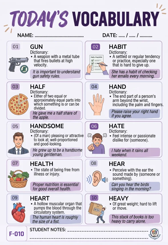 Todays English Vocabulary Worksheet 010