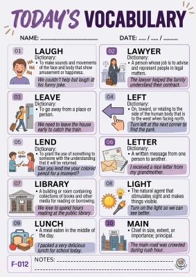 Todays English Vocabulary Worksheet 012