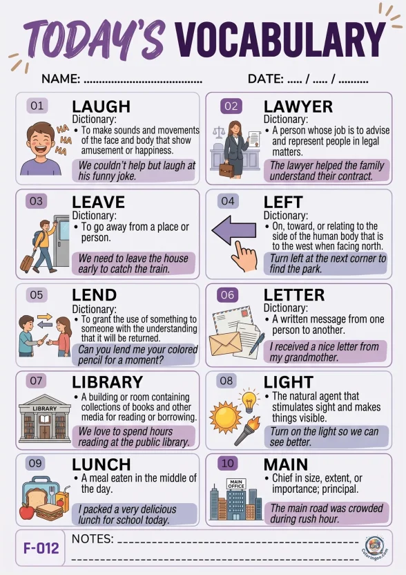 Todays English Vocabulary Worksheet 012