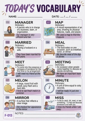Todays English Vocabulary Worksheet 013