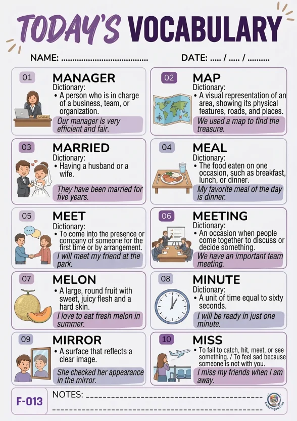 Todays English Vocabulary Worksheet 013