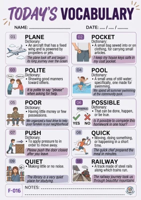 Todays English Vocabulary Worksheet 016
