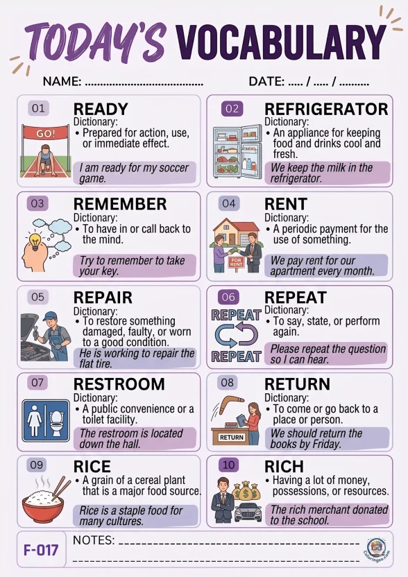 Todays English Vocabulary Worksheet 017