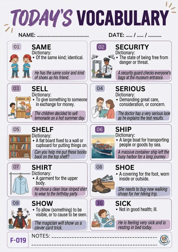 Todays English Vocabulary Worksheet 019