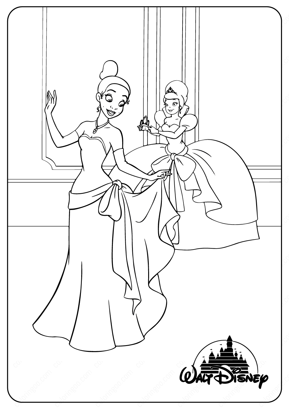 printable disney tiana and charlotte coloring pages