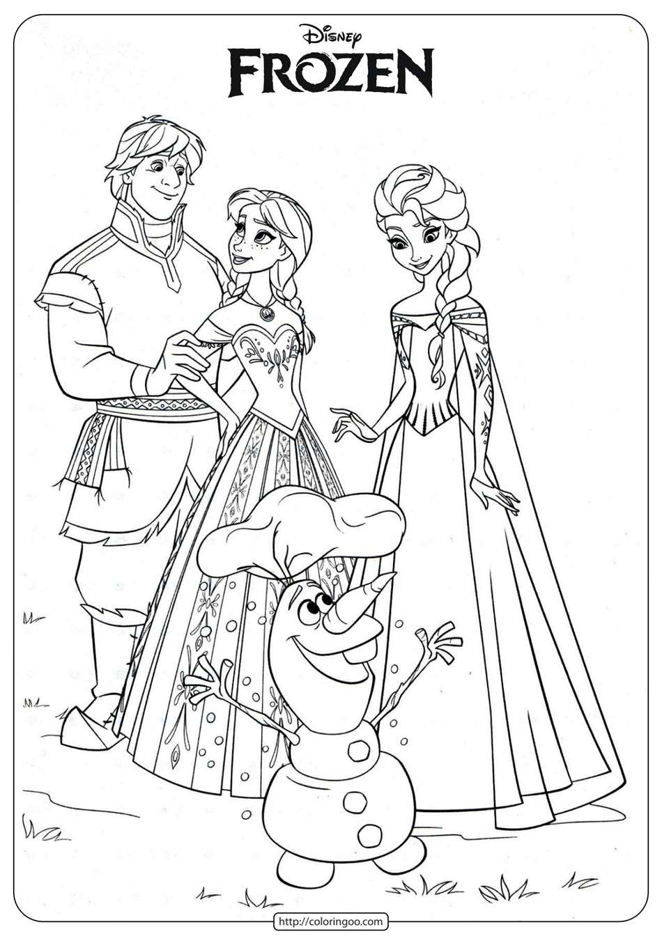 frozen anna elsa kristoff and olaf coloring page