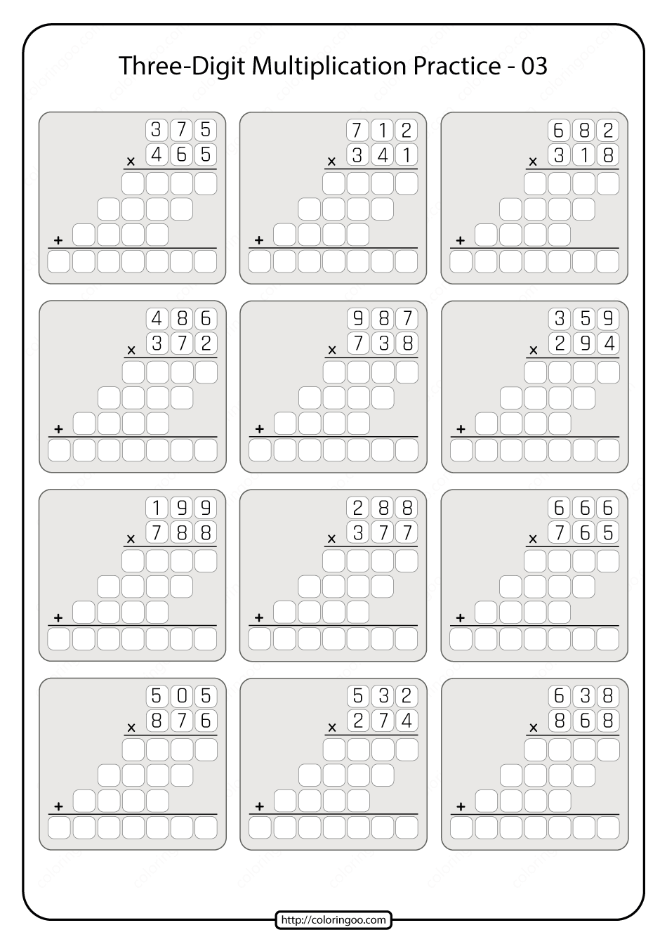 printable three digit multiplication practice worksheet 03