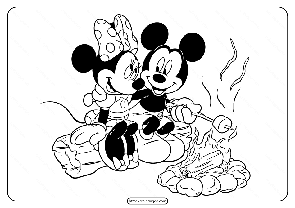 Printable Disney Mickey and Minnie Campfire Coloring Page