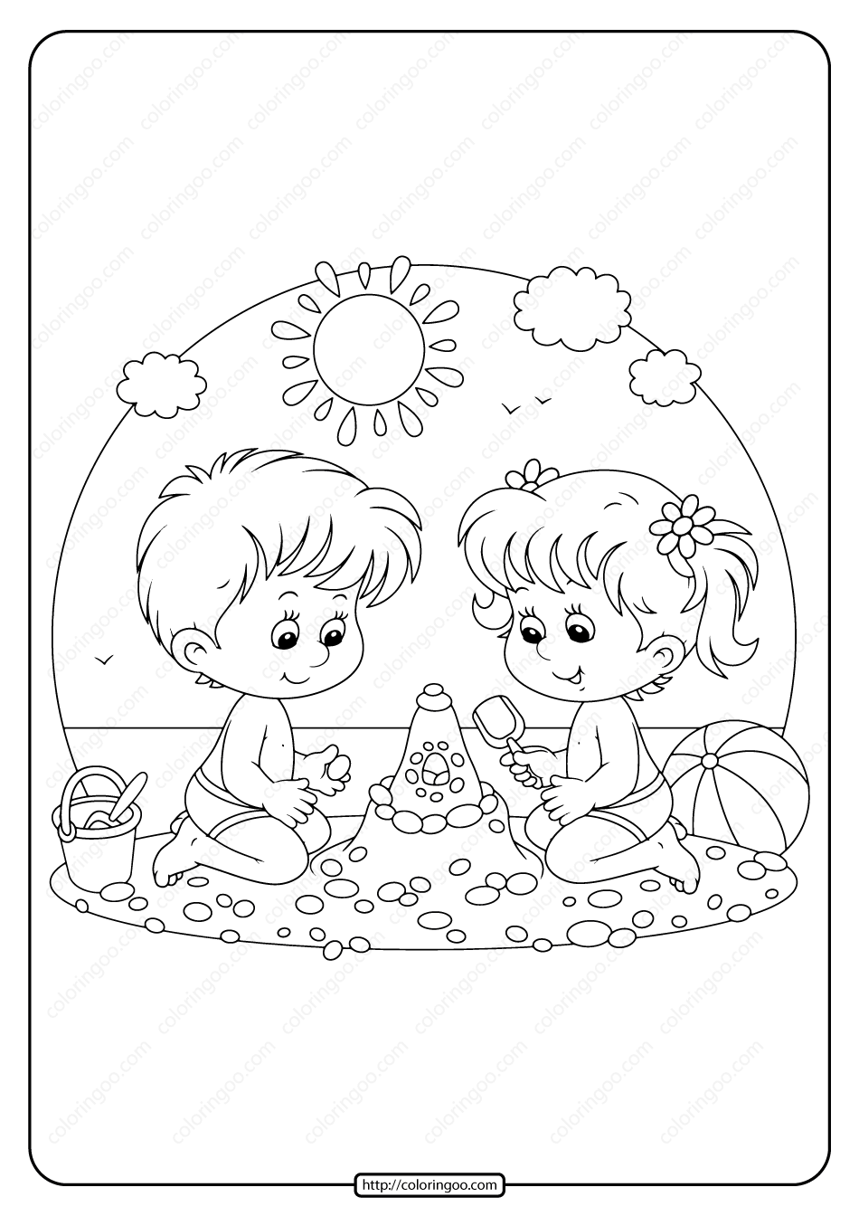 boy and girl playing on the beach coloring page