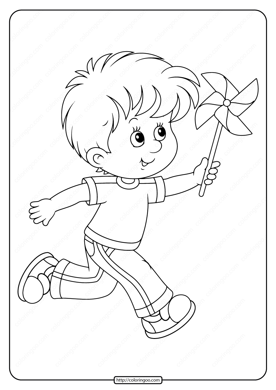boy playing with pinwheel pdf coloring page