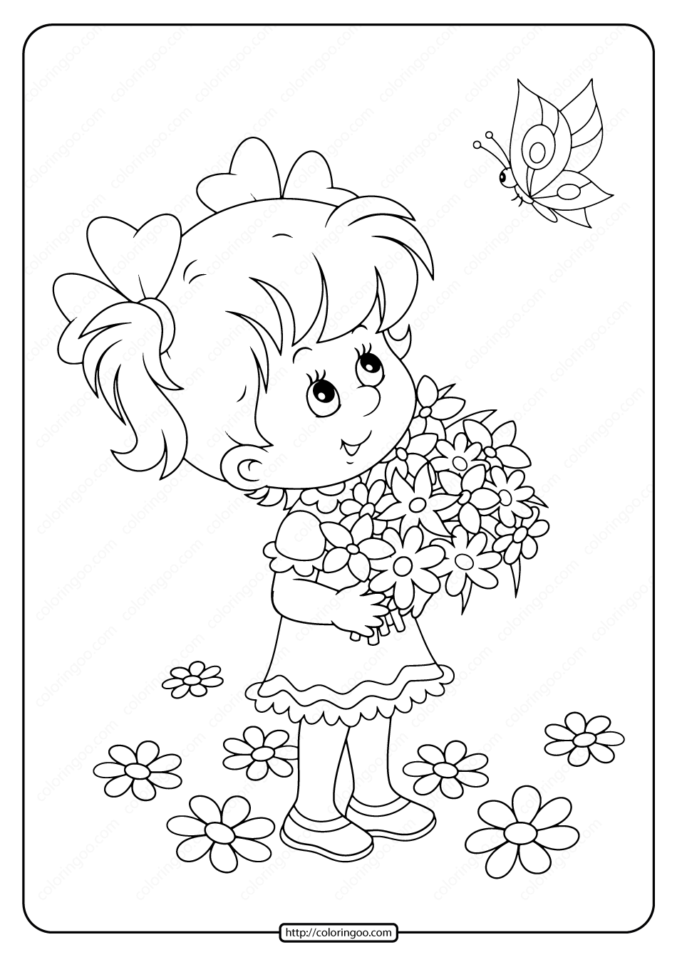 girl with flowers and butterfly coloring page