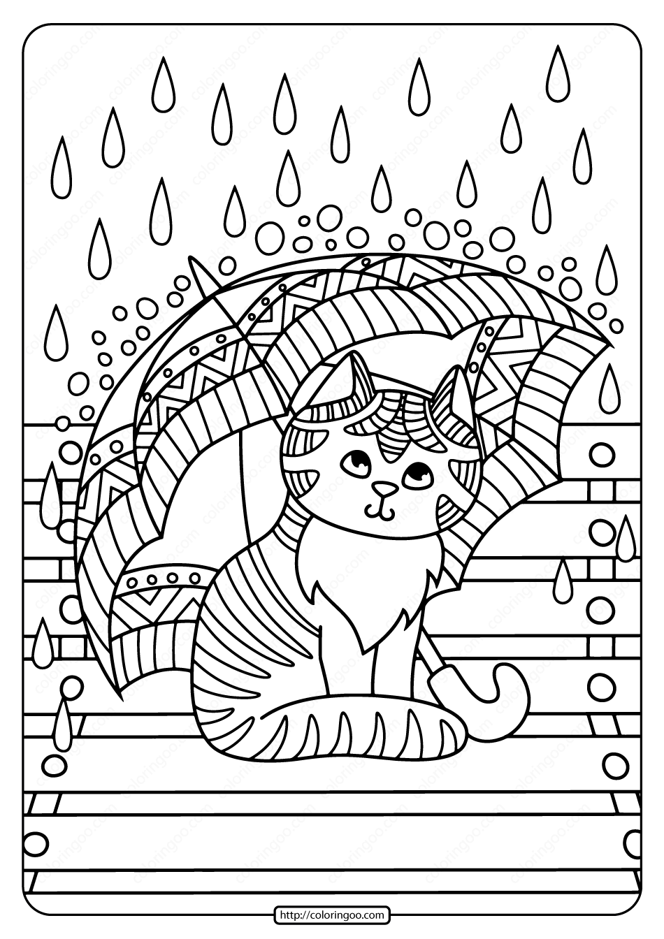 kitten with umbrella in the rain coloring page