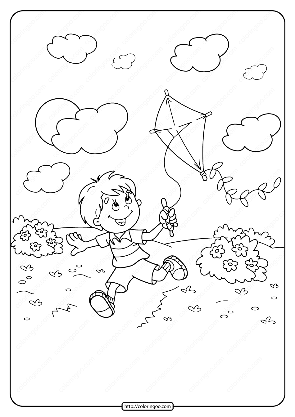 printable boy flying a kite pdf coloring page