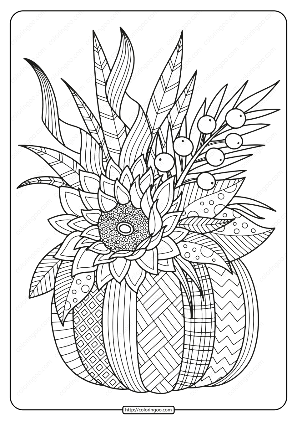 printable fall pumpkin with flower coloring page 1