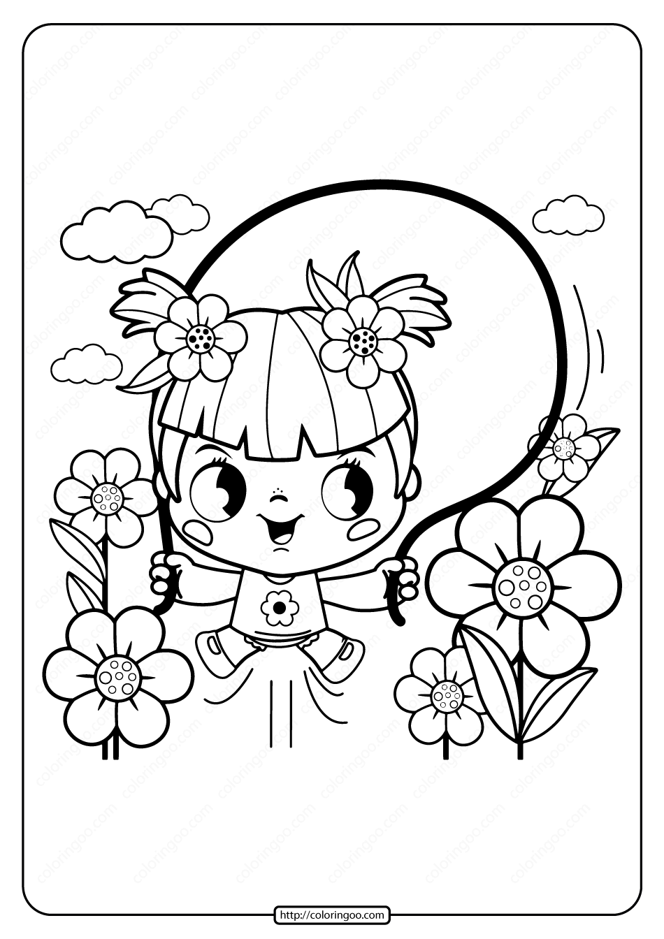 printable girl playing jump rope coloring page