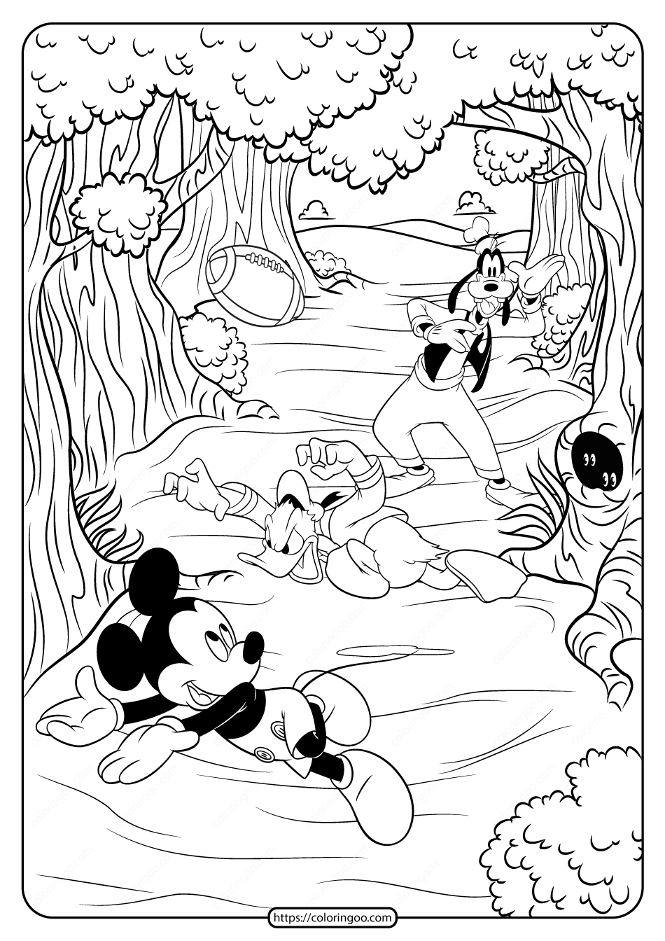 printable mickey and friends fall football coloring page