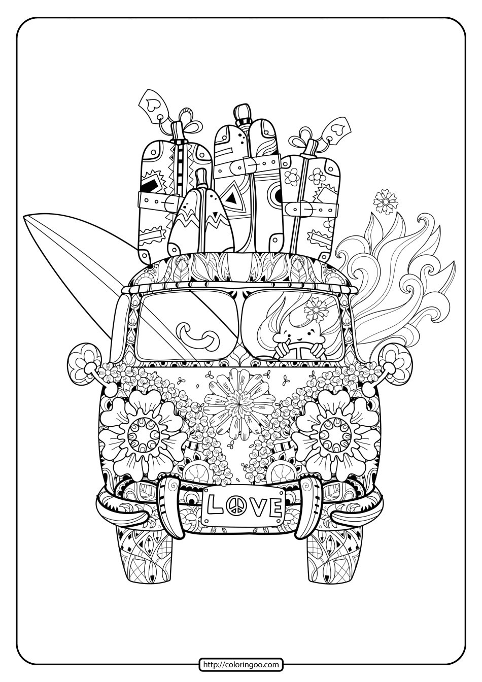 retro bus with suitcases pdf coloring page