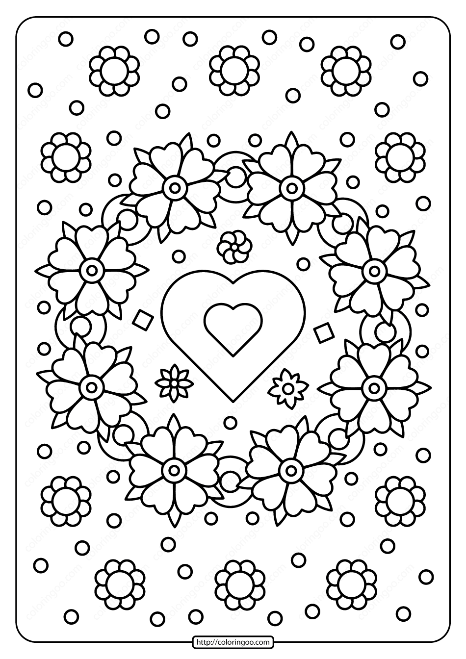 spring flower wreath with heart coloring page