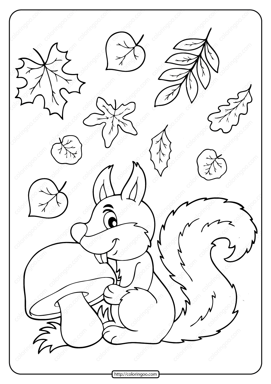 squirrel with mushroom and leaves coloring page