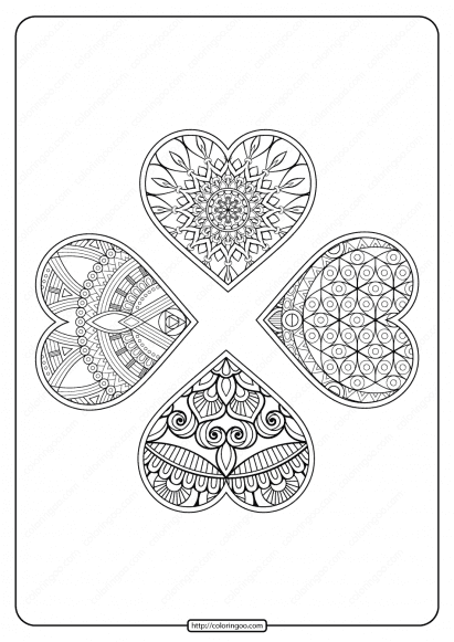 free printable 4 hearts mandala pdf coloring page
