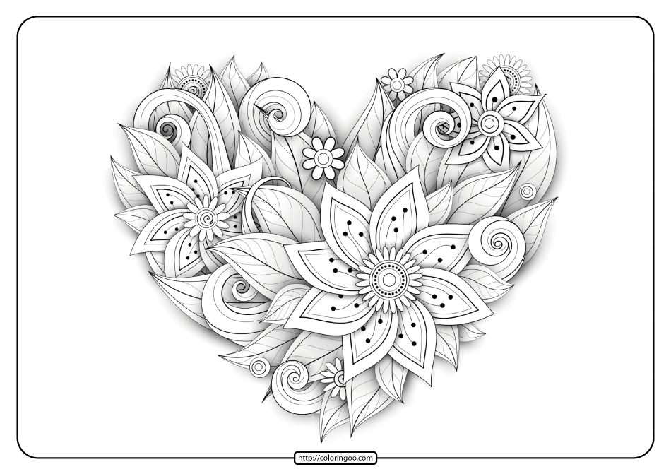 free printable flower heart pdf coloring page