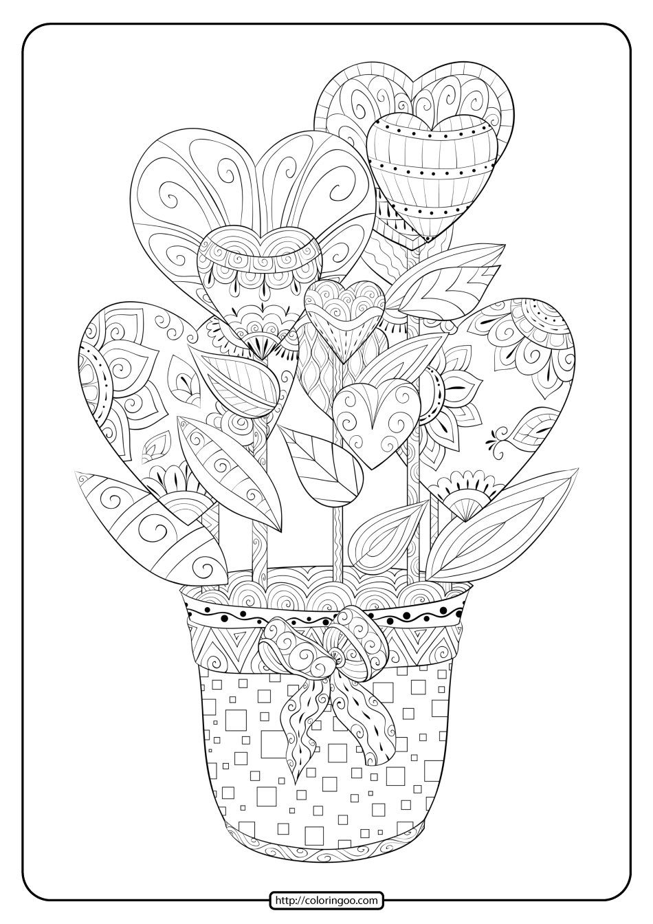 free printable hearts in a flower pot coloring pages