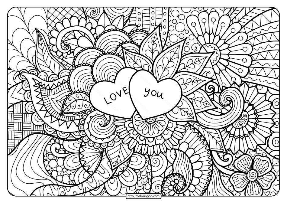 free printable love you zentangle pdf coloring page e1589297523447