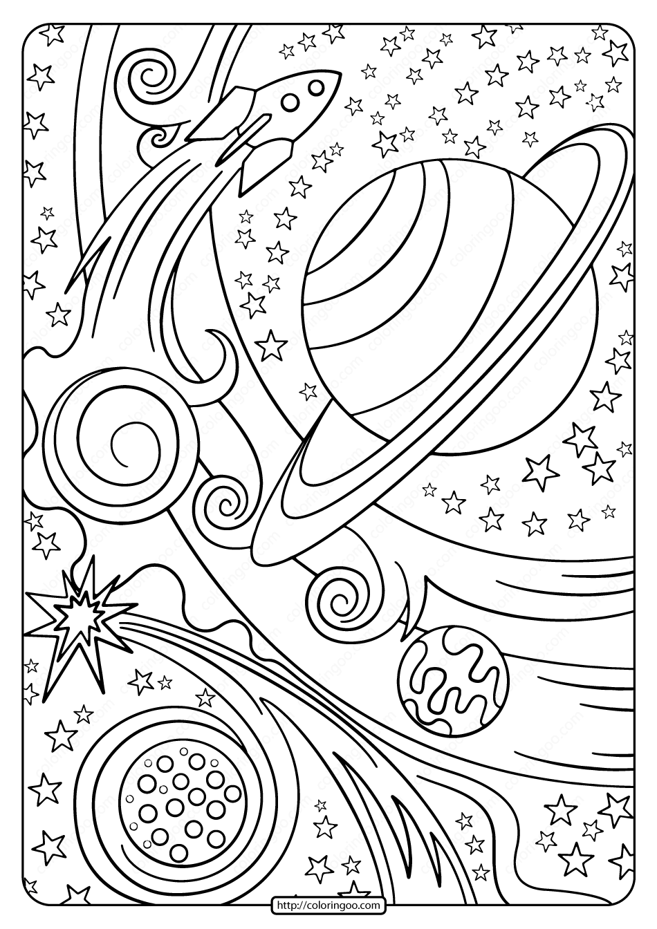 Free Printable Rocket and Planets Pdf Coloring Page