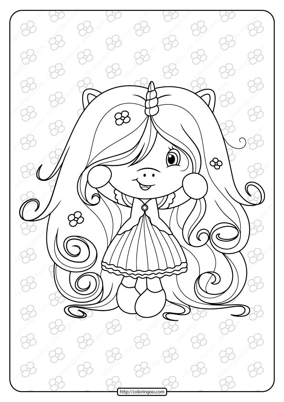 free printable cute girl unicorn pdf coloring page