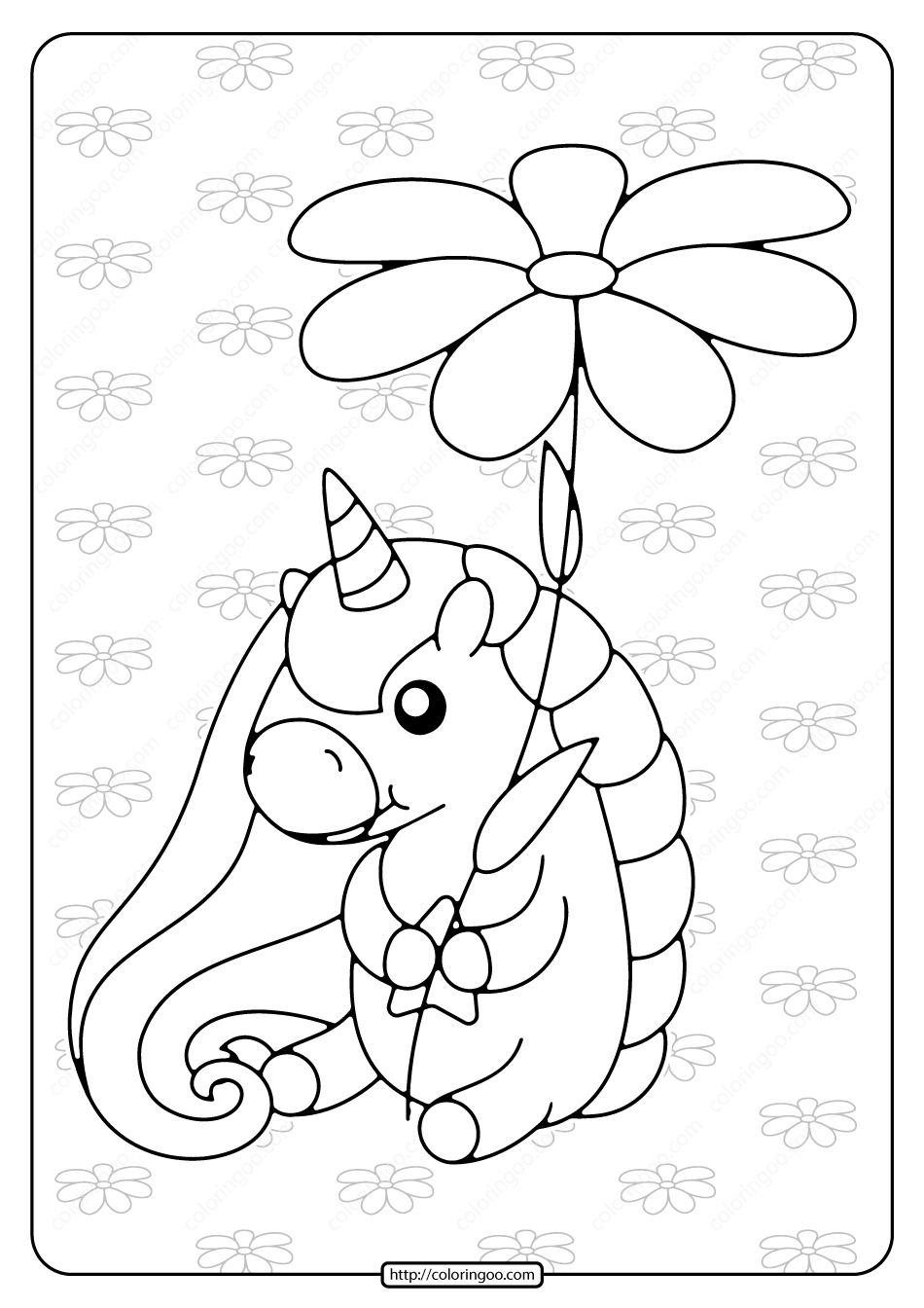 free printable unicorn holding a flower coloring page