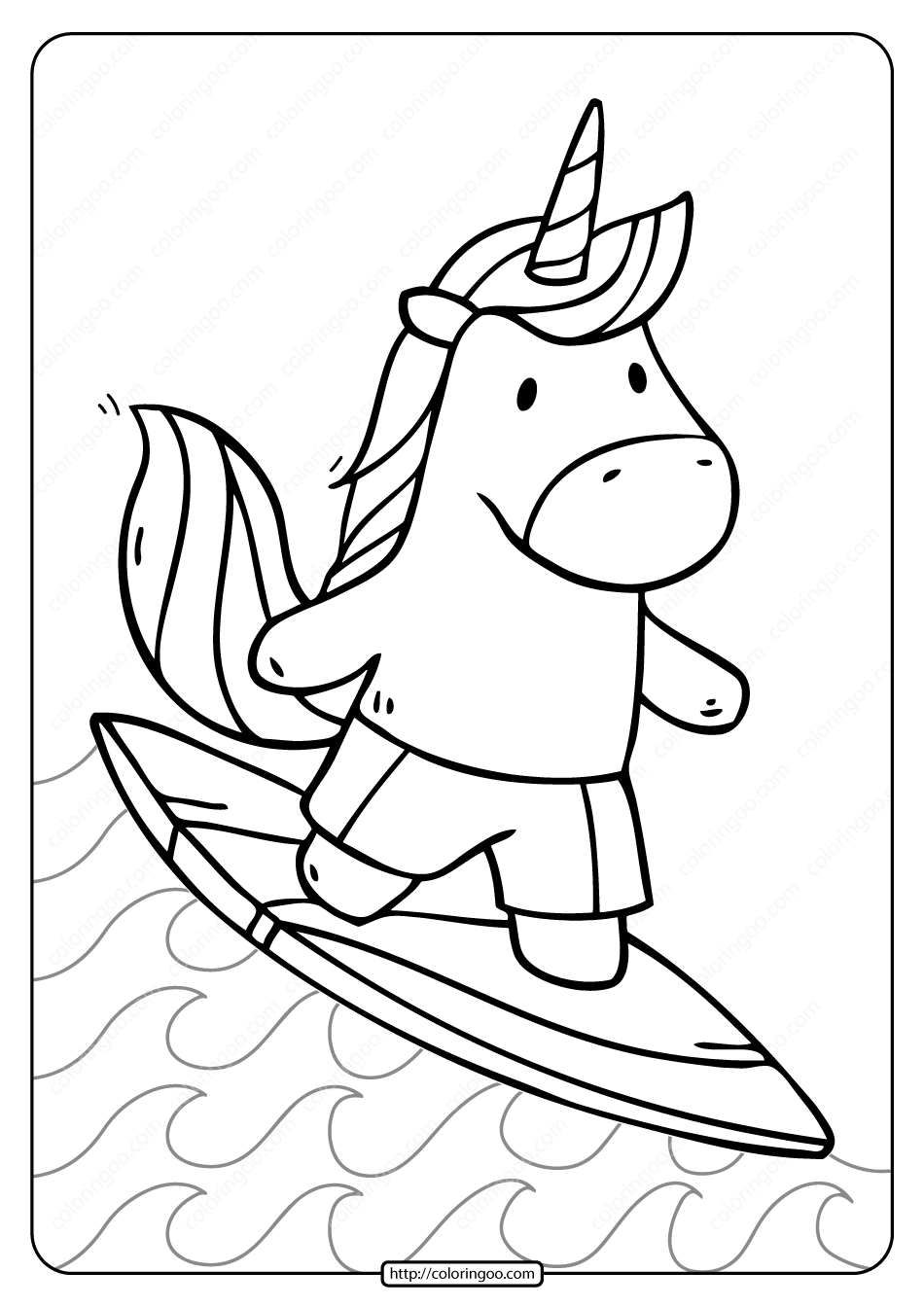 free printable unicorn surfer pdf coloring page
