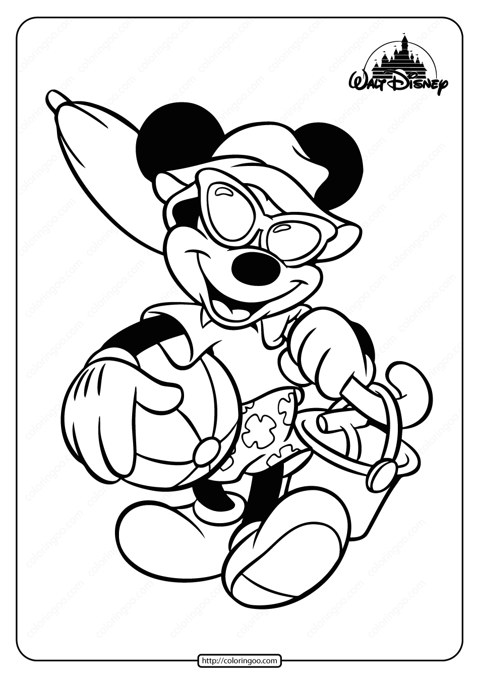 free printable mickey mouse beach fun coloring page