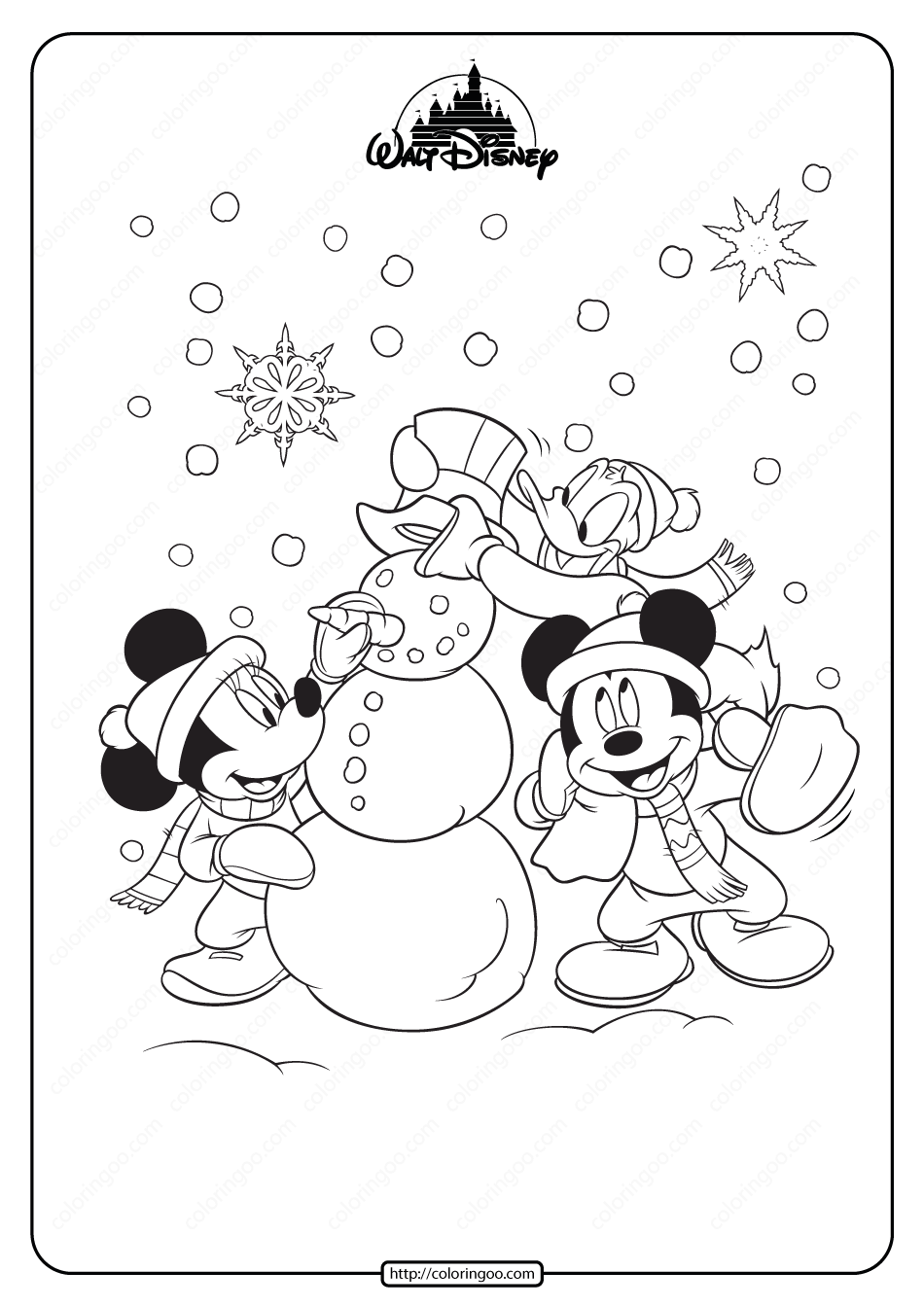 mickey minnie mouse donald duck and snowman coloring