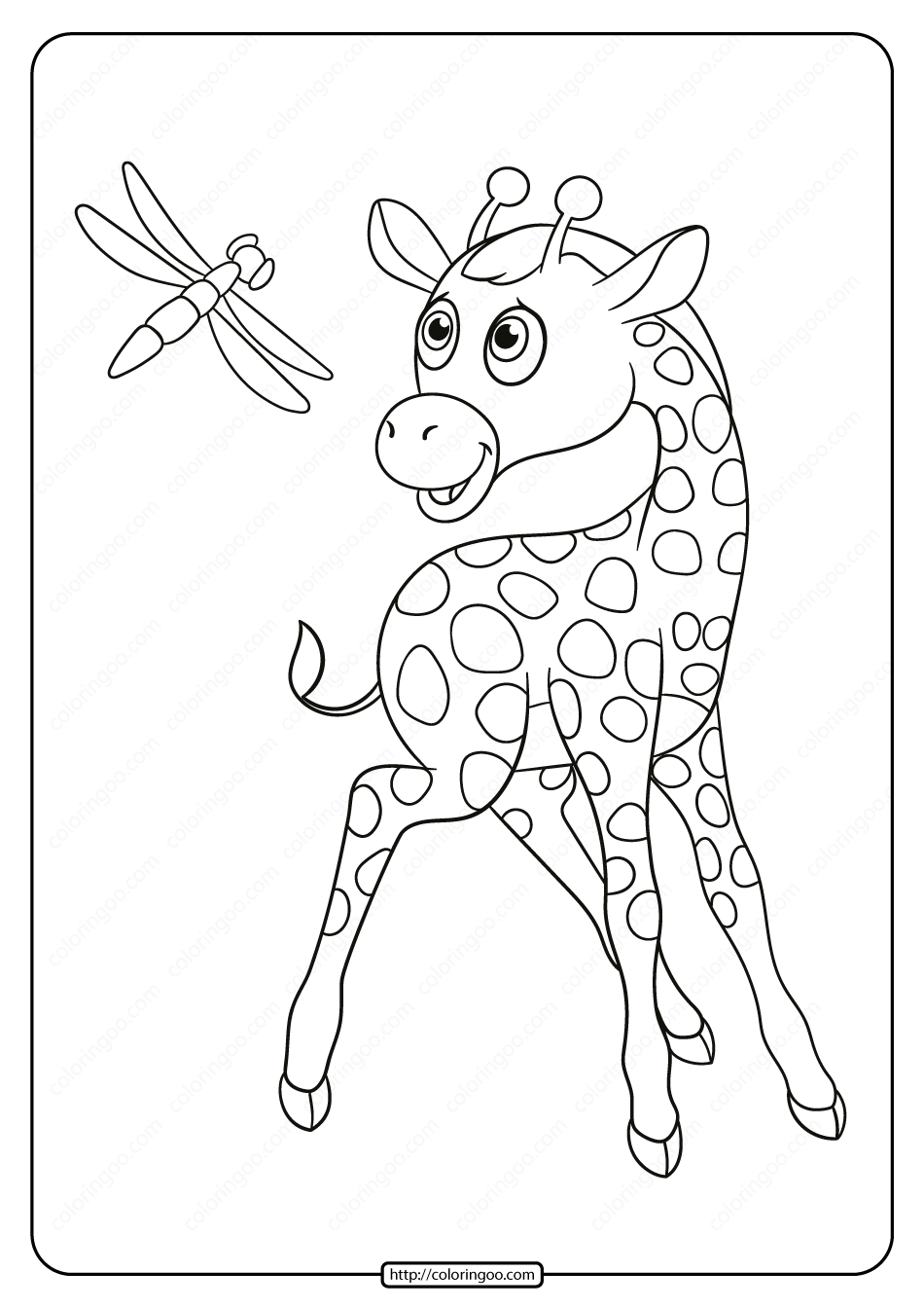 printable giraffe and dragonfly pdf coloring page