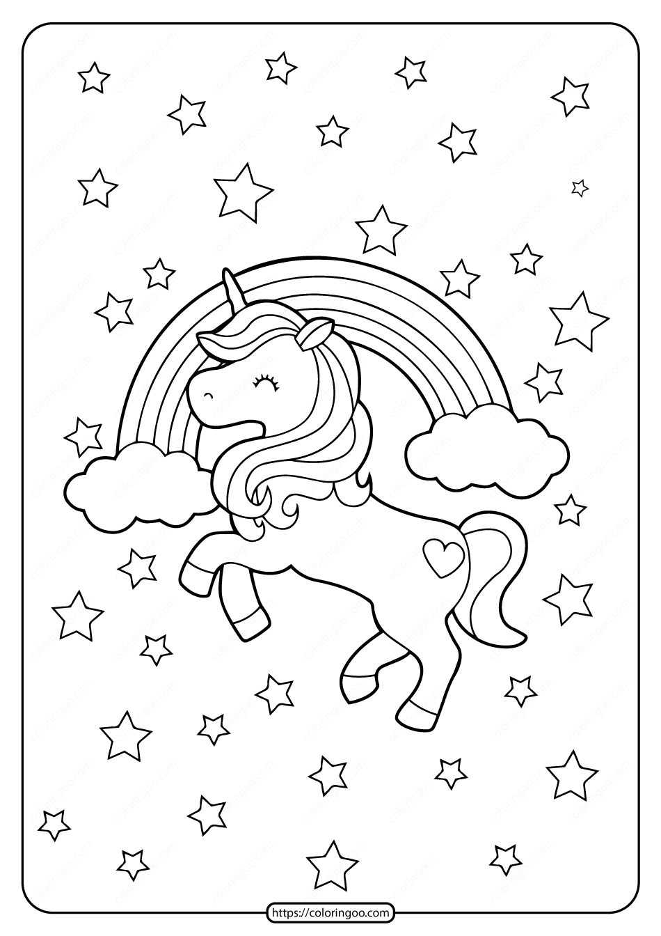 printable unicorn rainbow and stars coloring page