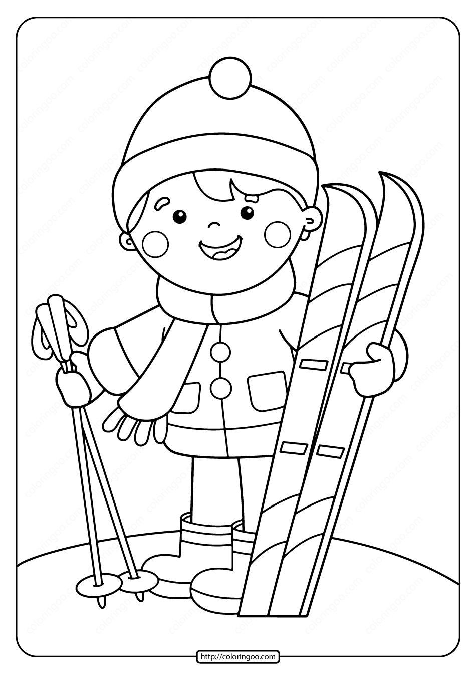 free printable boy whit skis pdf coloring page